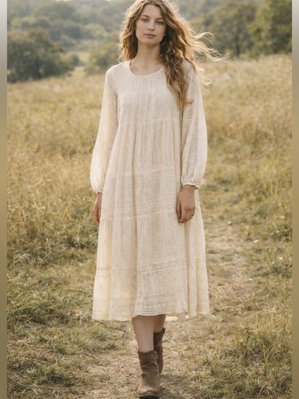 Free People Gemma Eyelet Lace Midi Dress XS Cream Cottage Core Prairie Romantic